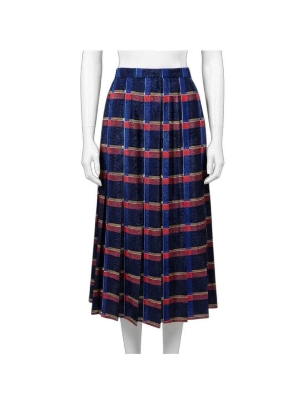 Vintage Le Truc Metallic Jacquard Plaid Pleated Midi Skirt Blue Red EUR 40 US 8